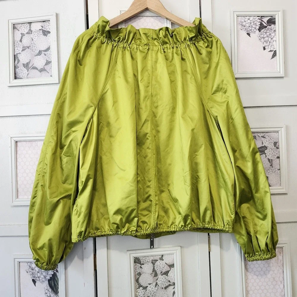 DKNY Lime Green Satin Look‎ Jacket Women's XL Zip Up Shiny Retro Y2K